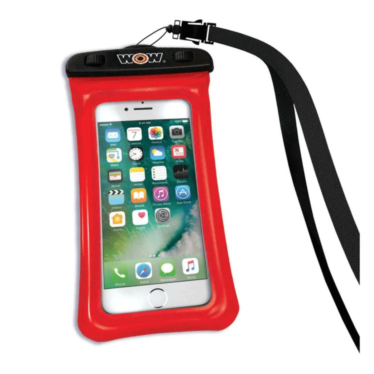 Waterproof phone holder being held near water, showing its protective seal.