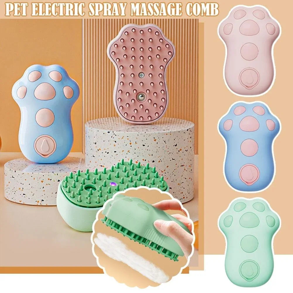 Close-up of electric cat and dog hair removal brush with cat-shaped handle.