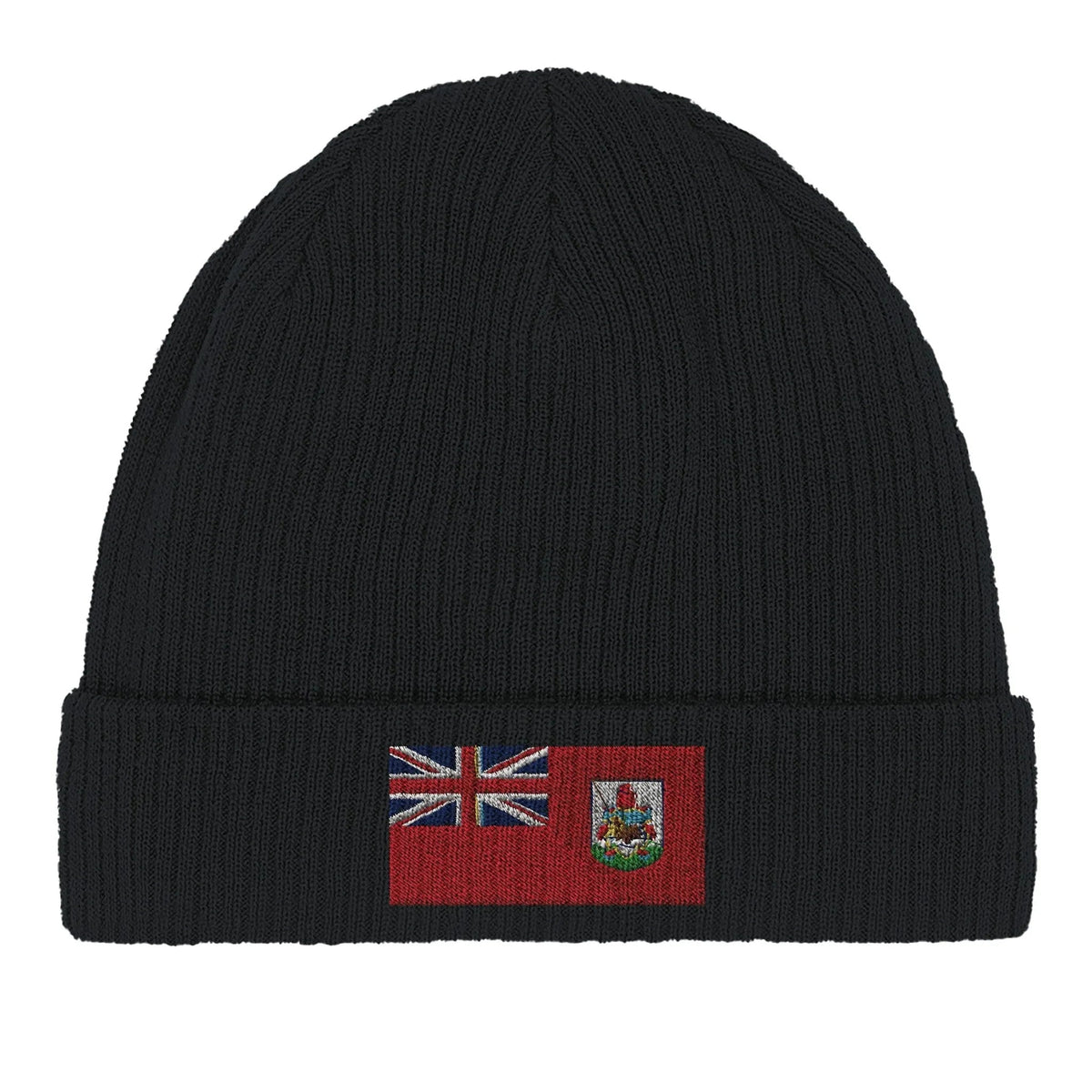 Close-up of a green cotton beanie with a Bermuda flag patch on the front