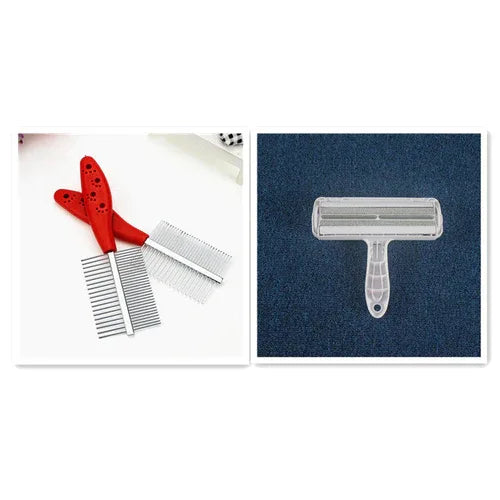 Close-up of blue pet grooming comb highlighting rounded stainless steel teeth and hollow footprint handle