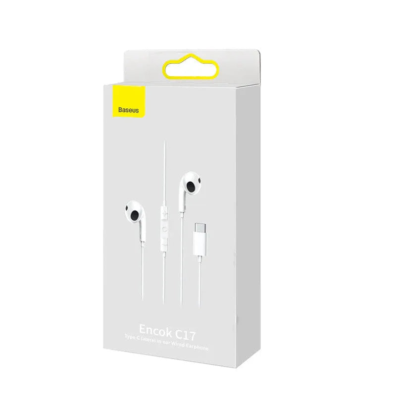 White Type-C wired headset laid out showing earbuds and the full length of cable.