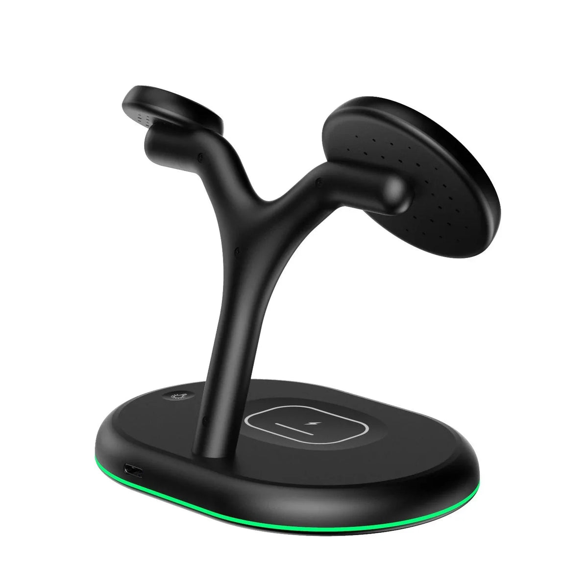 Close-up of the black wireless charger showing magnetic phone charging pad and USB charging port.