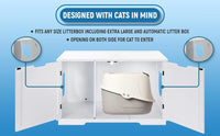 Cat entering the litter box enclosure through the front opening of the bench.