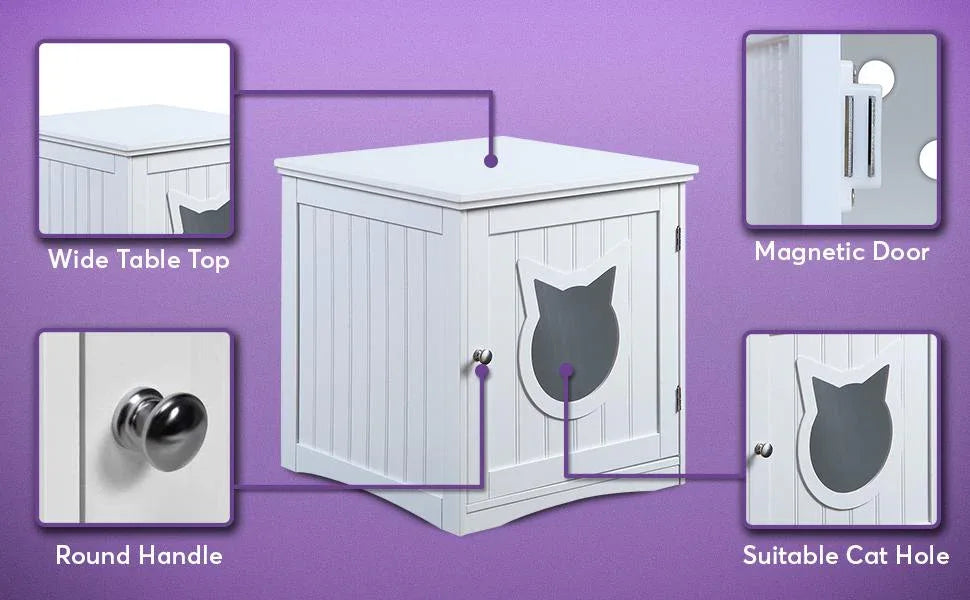 Cat inside wooden side table cat house with cat door visible