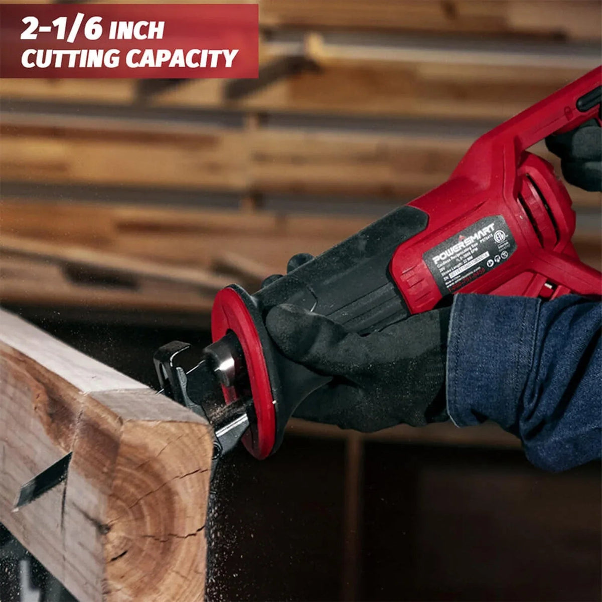 Cordless reciprocating saw with battery installed, highlighting trigger and blade clamp area.