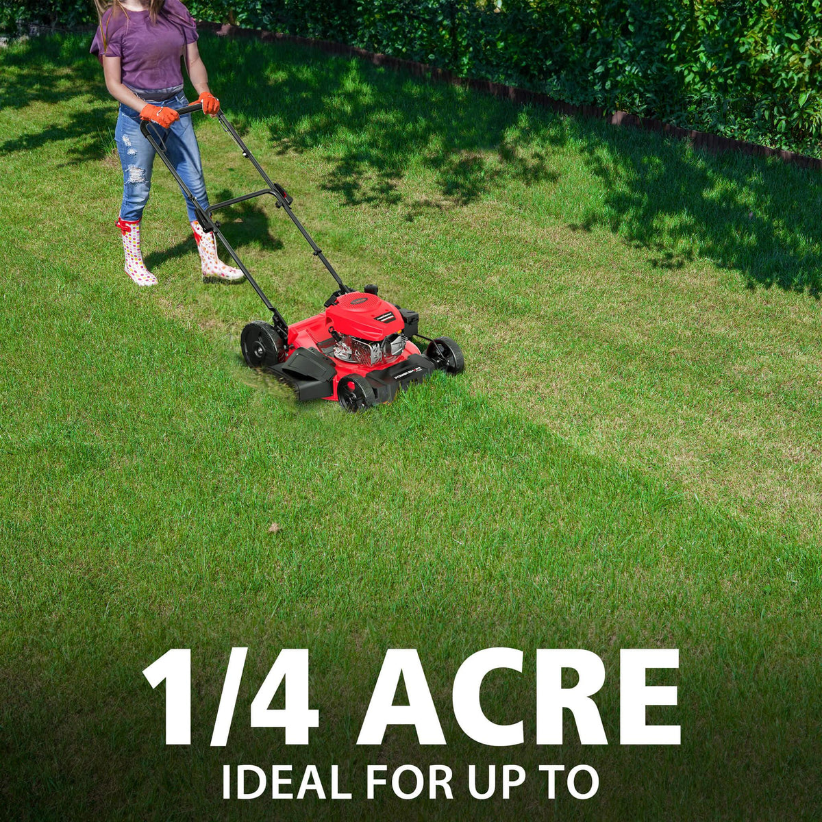 Underside view of the mower showing the precision cutting blade attached to steel deck.