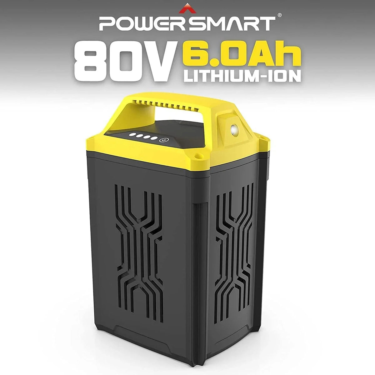 Close-up of battery terminals on PowerSmart 80V 6Ah lithium-ion replacement battery.