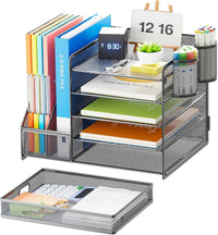 Grey 5 Tier Mesh Desk Organizer With Drawer And File Trays