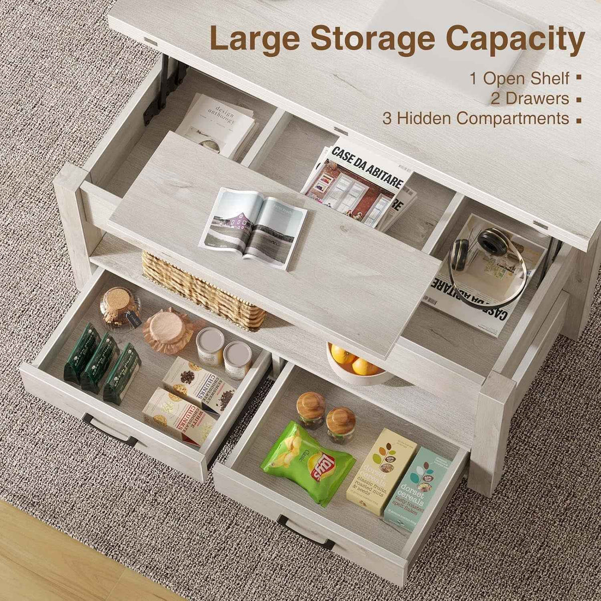Grey Lift Top Coffee Table With Drawers Hidden Compartment