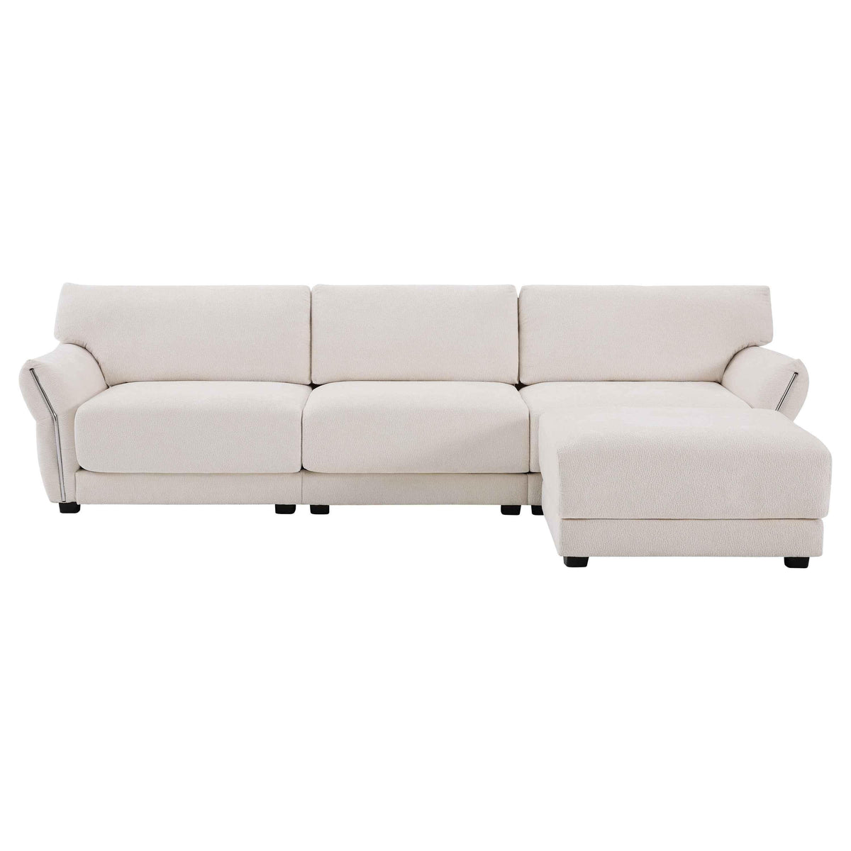 Large white L-shaped sectional sofa with wide seat cushions and built-in USB charging, comfortably seats four people.