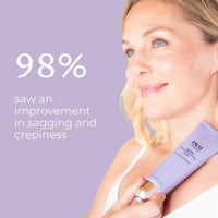 Woman gently rolling Ageless Throat Serum onto her decolletage and neck area.