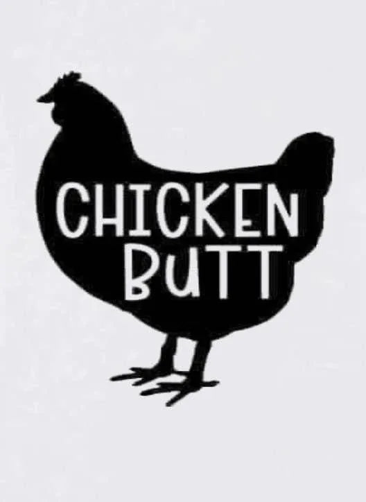 Decorative bright chicken illustration on white onesie for babies with humorous text.