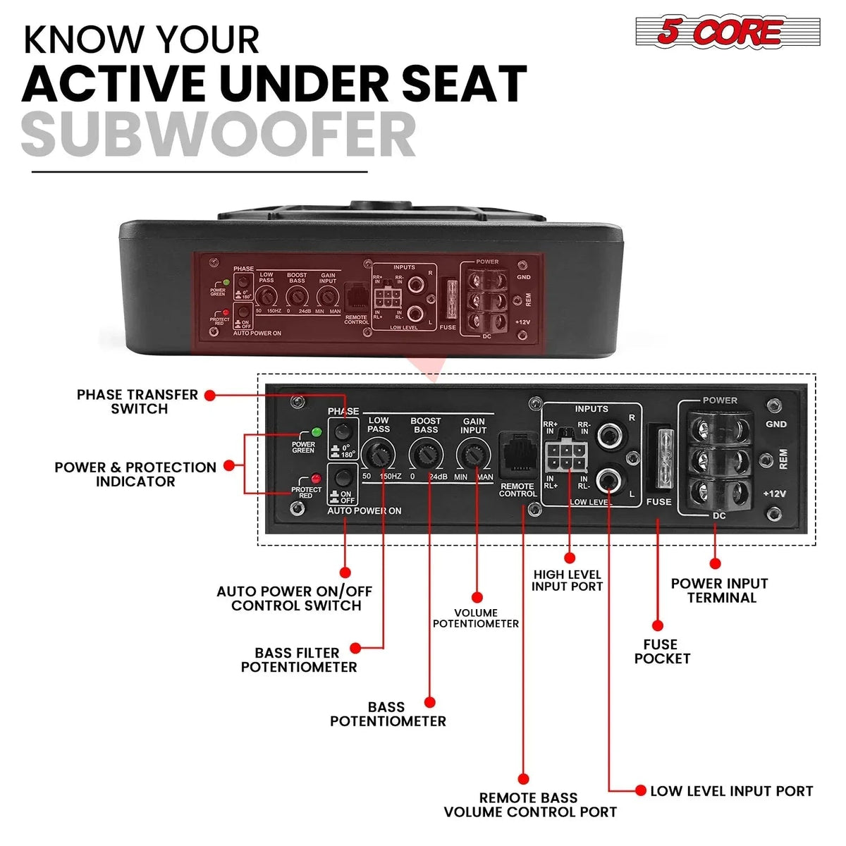 5Core 10 Inch Slim under Seat Car Audio Subwoofer 800W Built in - Snagva