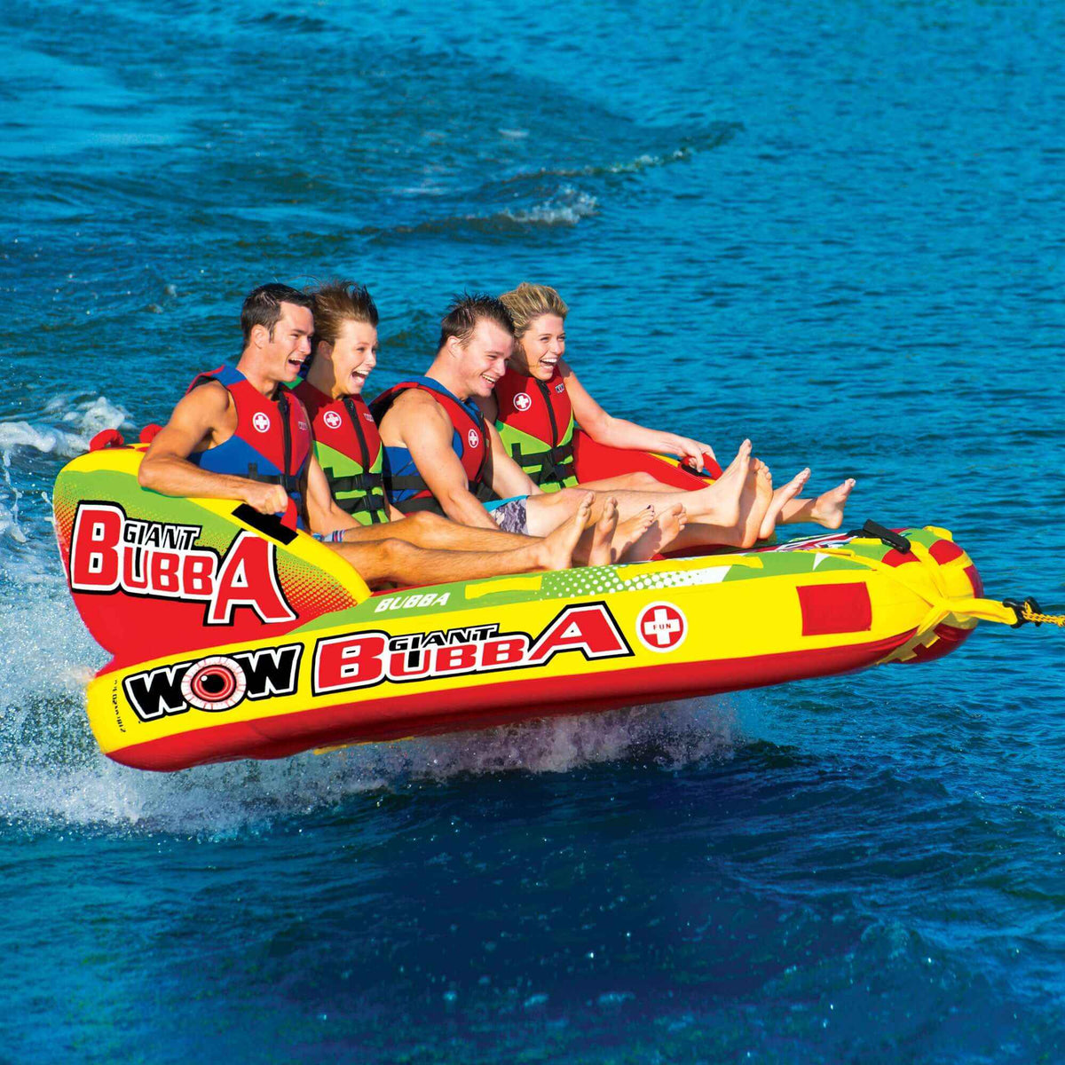Front view of Giant Bubba towable with large inflatables and bright yellow and orange colors.