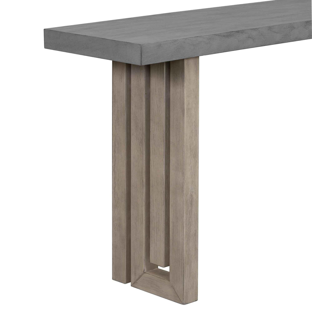 Console table placed against wall with decorative items showing off its distinctive side panel design.