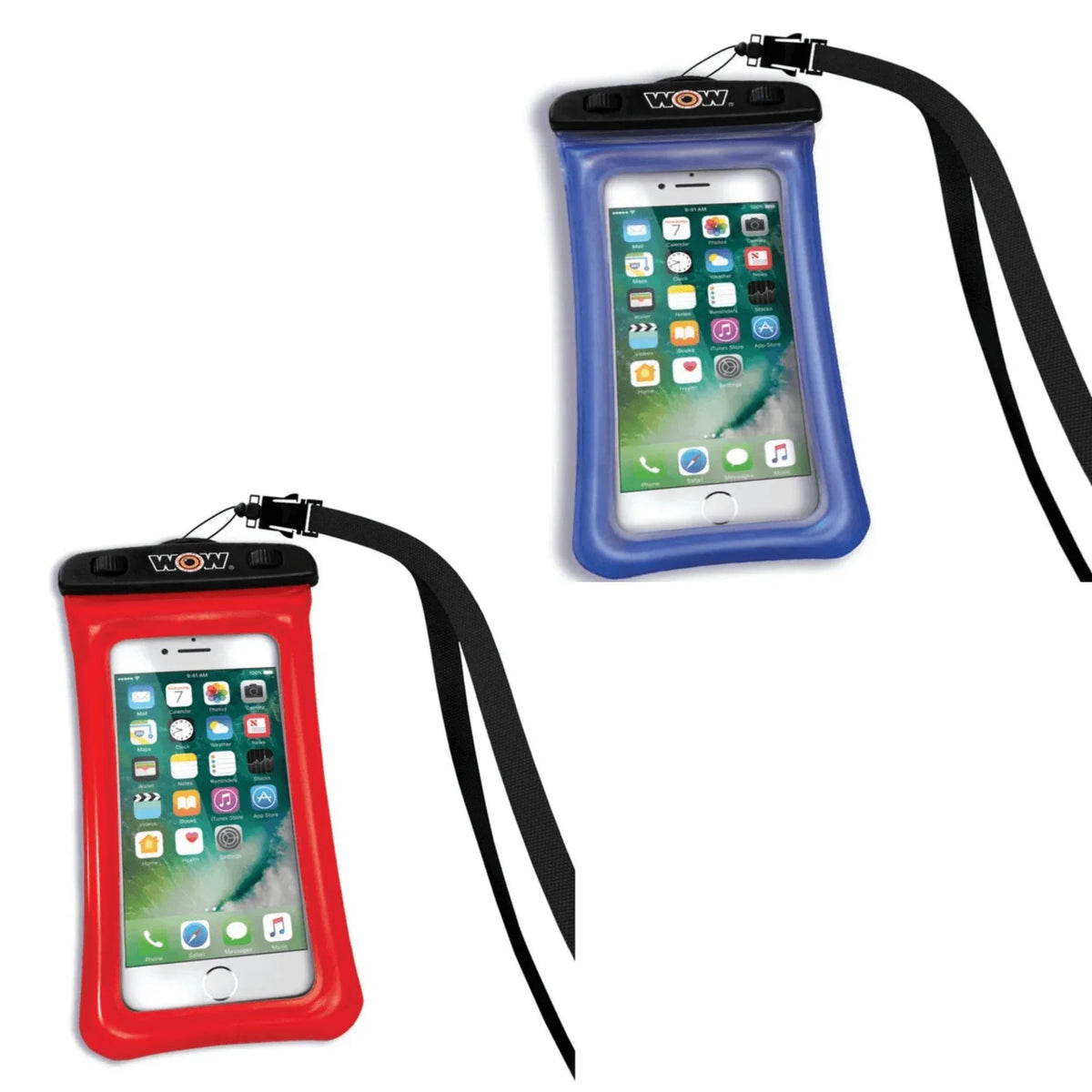 Diagram showing dimensions and features of WOW Watersports waterproof smart phone holder.