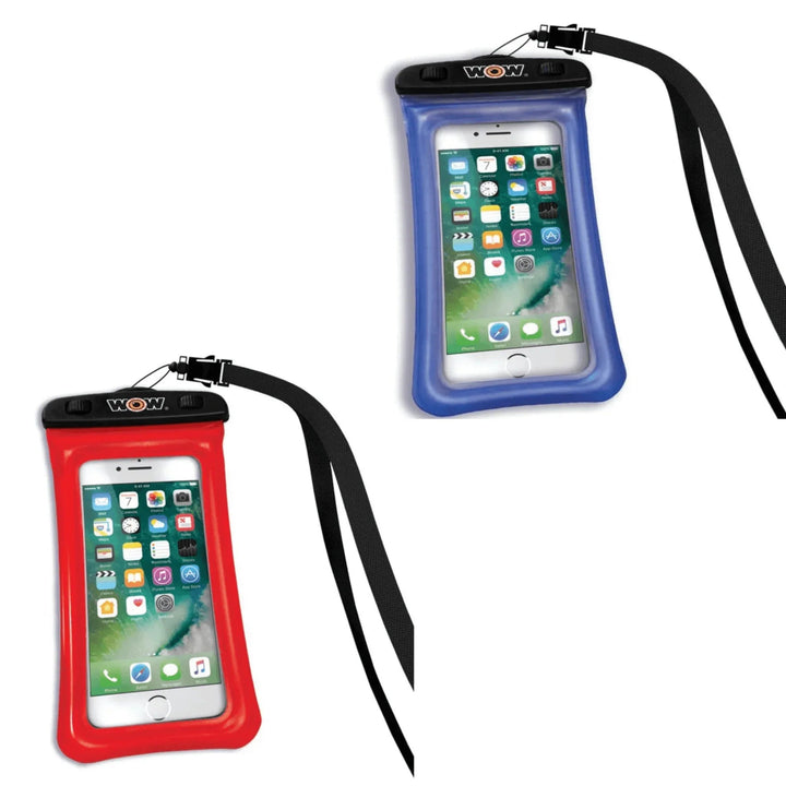 Diagram showing dimensions and features of WOW Watersports waterproof smart phone holder.