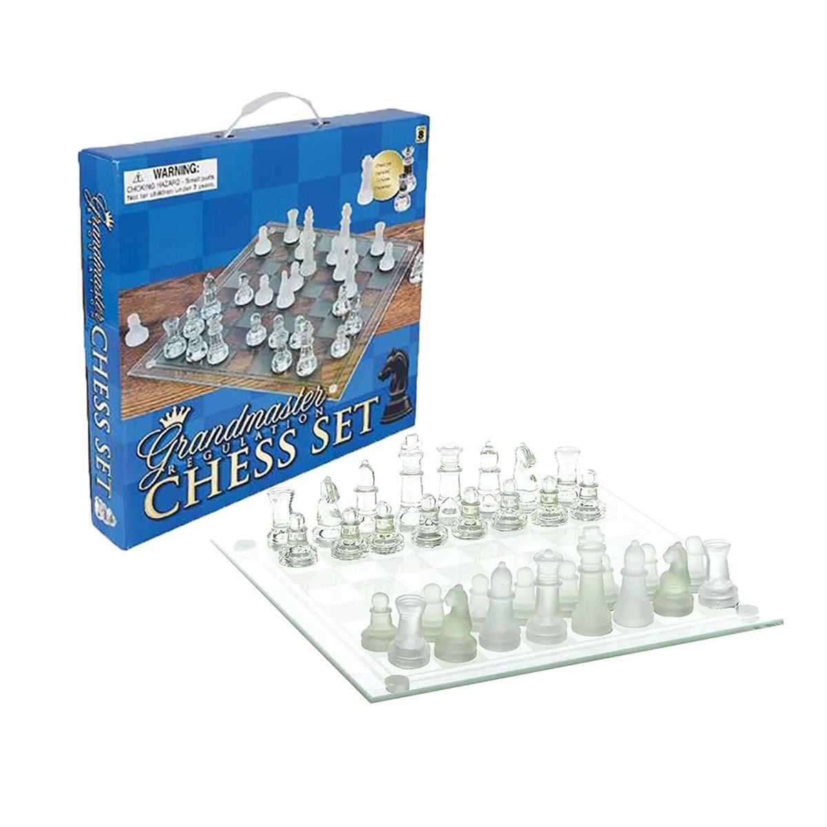 Zummy 14 inch glass chess set displayed on a wooden table with natural light highlighting translucent chess pieces in play.