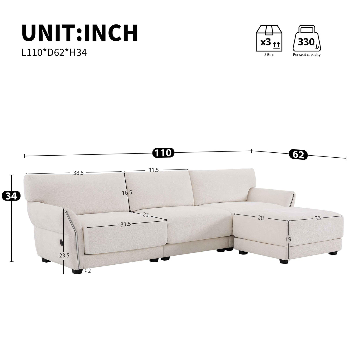 Large white chenille L-shaped sectional sofa with wide seat cushions and built-in USB charging port, seats four.