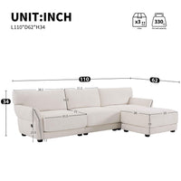 Large white chenille L-shaped sectional sofa with wide seat cushions and built-in USB charging port, seats four.