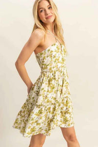 HYFVE Floral Print Halter Neck Tiered Mini Dress