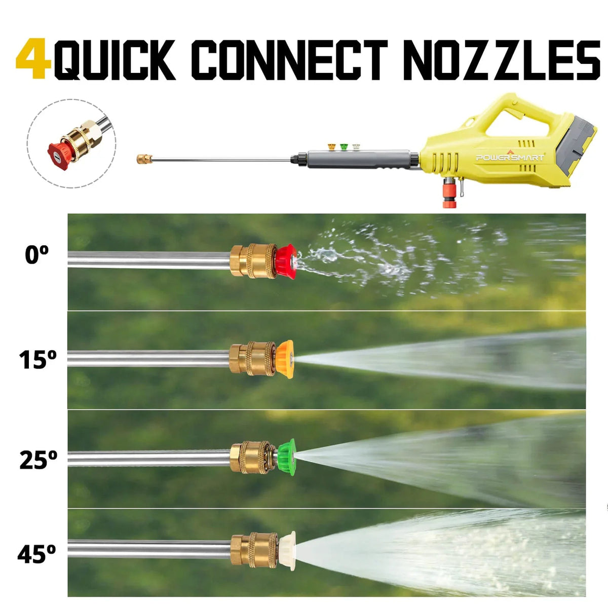 Close-up of pressure washer trigger and adjustable spray nozzle attached.