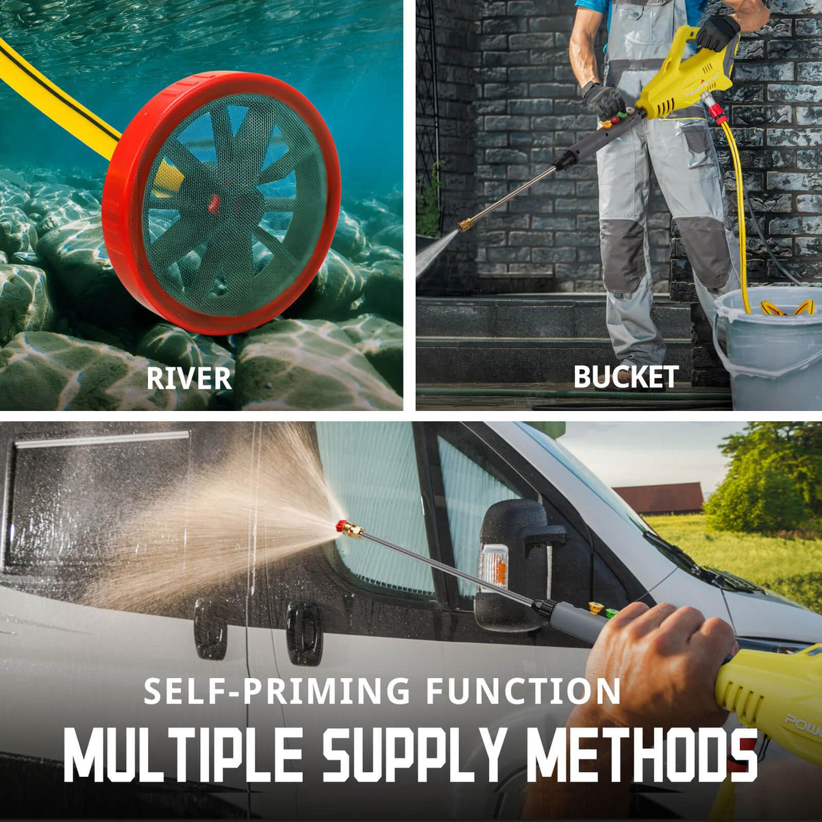 Foam mode feature generating soap suds from pressure washer gun.