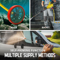 Foam mode feature generating soap suds from pressure washer gun.
