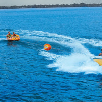 Visual showing enhanced takeoff and reduced rope spray with WOW Watersports Tow Turbo tow bobber in water.