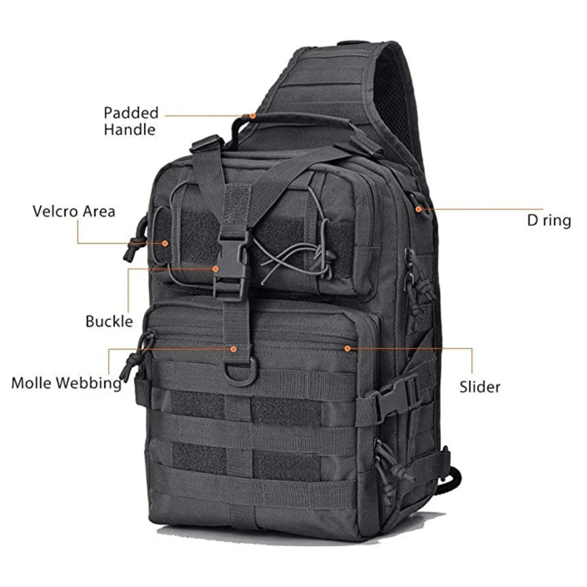 Front of black tactical sling bag with multiple zippered compartments and MOLLE webbing.