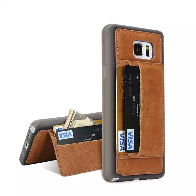 Samsung card phone case in brown leather with card slot holding two cards