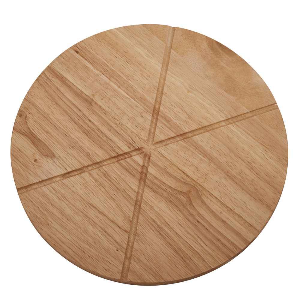 A 14-inch wooden pizza board with slicing guides, a stainless steel cutting wheel, and a matching server.