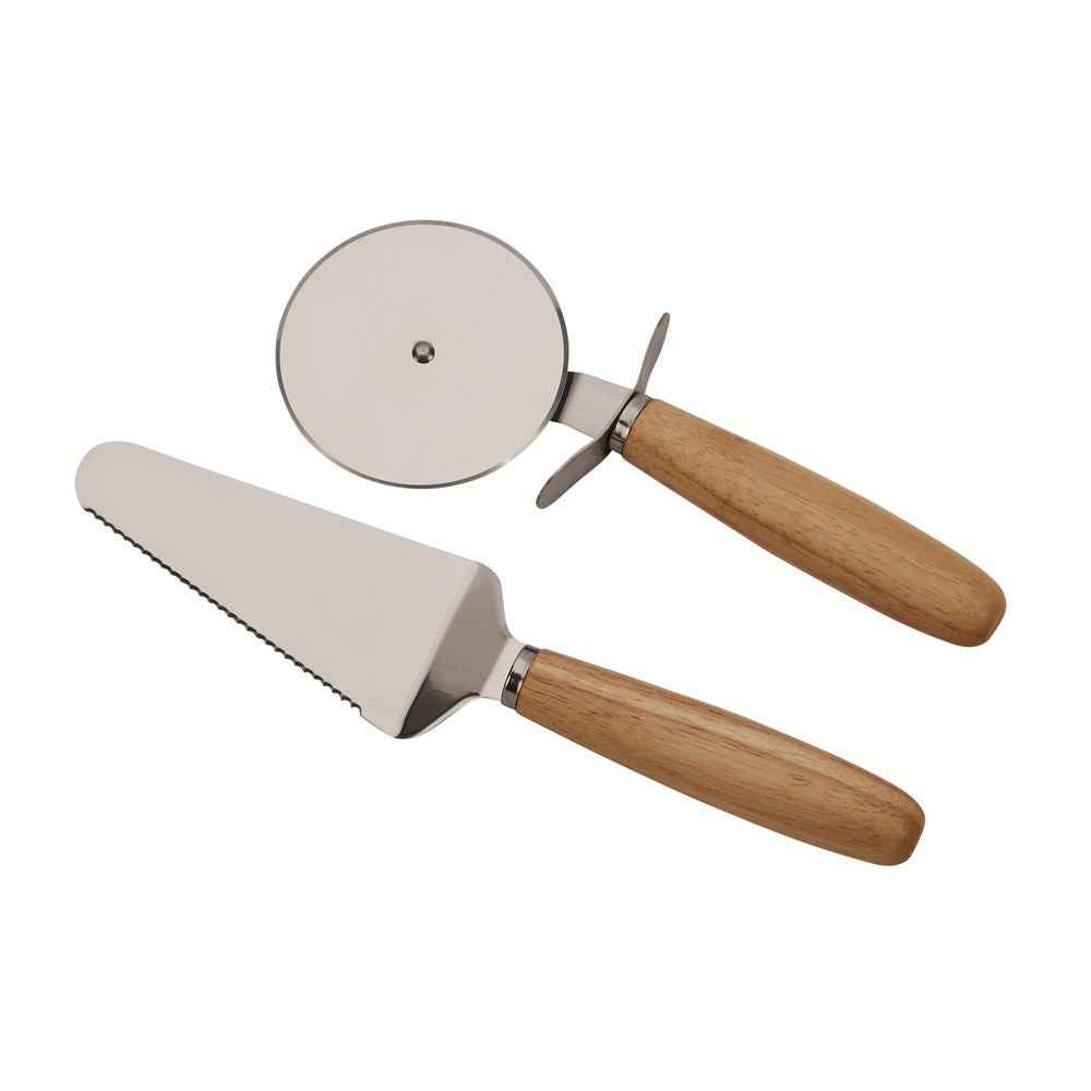 A 14-inch wooden pizza board with slicing guides, a stainless steel cutting wheel, and a matching server.