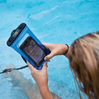 Close-up of waterproof phone holder with a smartphone inside, highlighting the clear front cover.