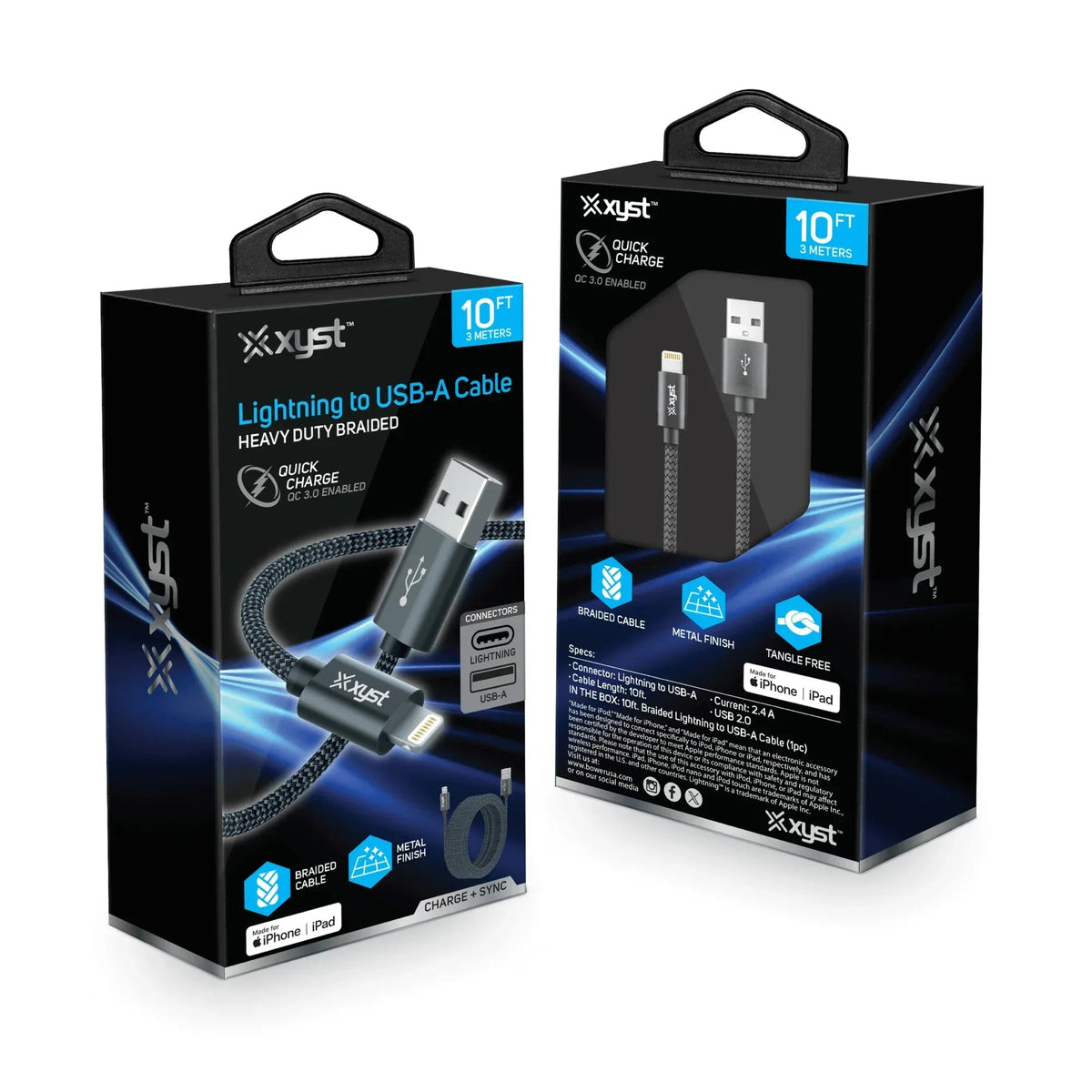 Xyst Charge and Sync USB to Lightning Braided Cable 10Ft - Snagva