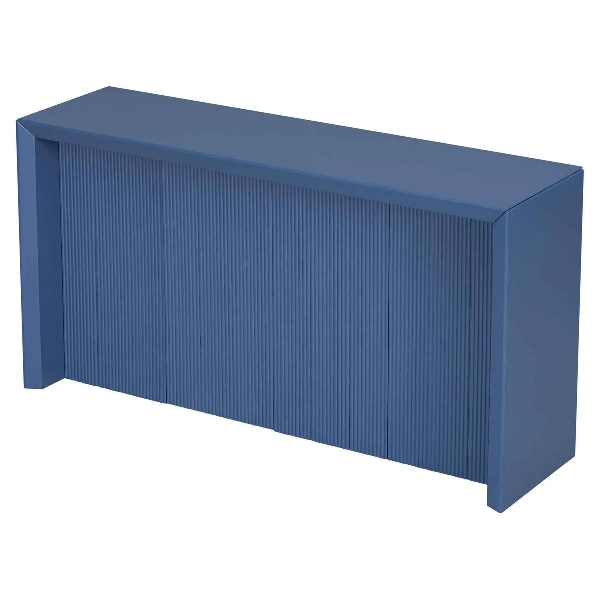 Close-up of table surface showing navy blue acacia wood veneer with wavy edge detail