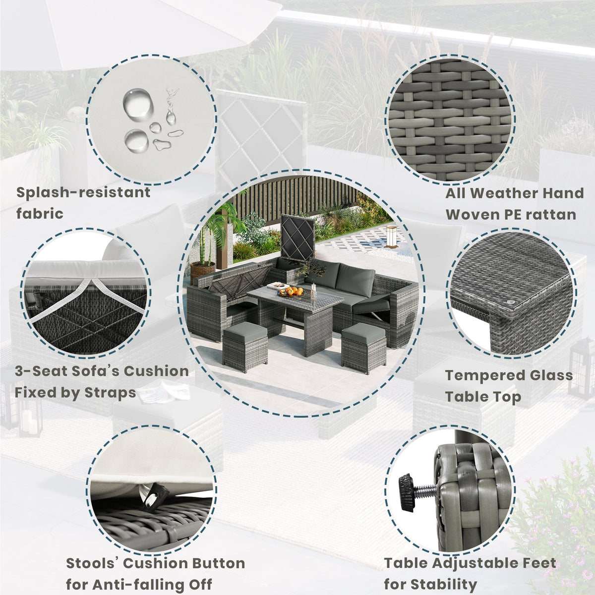 Outdoor 6-Piece All Weather PE Rattan Sofa Set, Garden Patio Wicker