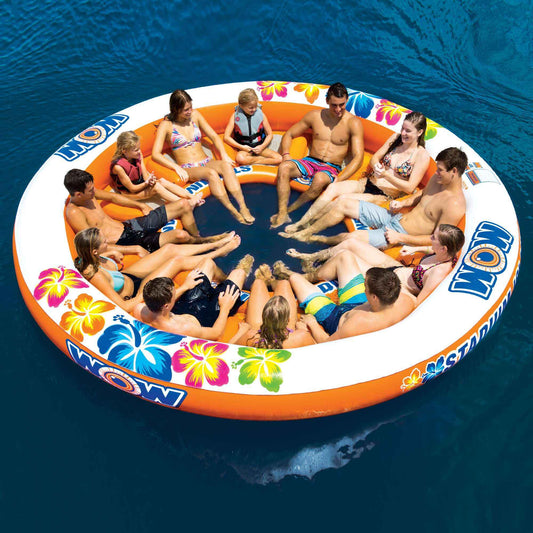 Top view of the 12ft diameter WOW Watersports Stadium Islander inflatable floating lounge with mesh seats