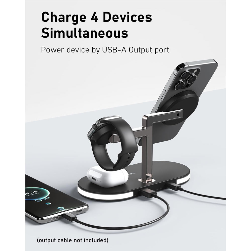4-in-1 aluminum alloy magnetic wireless charger stand with LED lamp for smartphone, wireless earbuds, and smartwatch