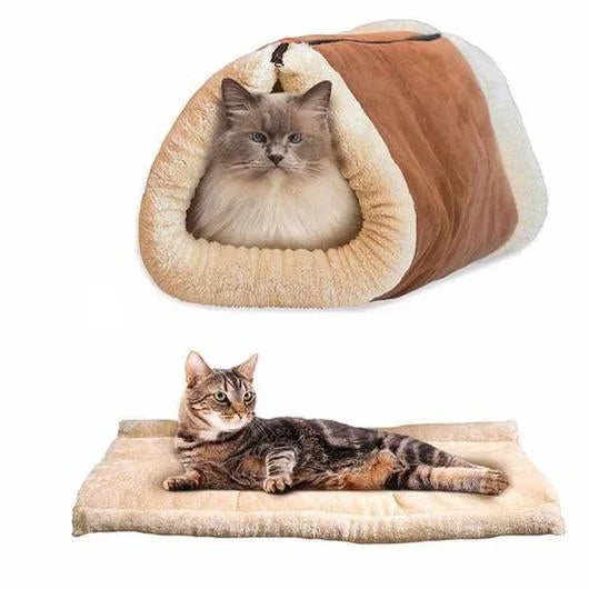 Cream colored pet tunnel bed with soft crinkle texture, ideal for cats and small dogs.