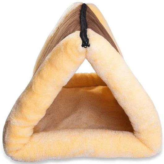 Plush 2-in-1 pet bed and tunnel in beige, shown folded as cozy pet cave.