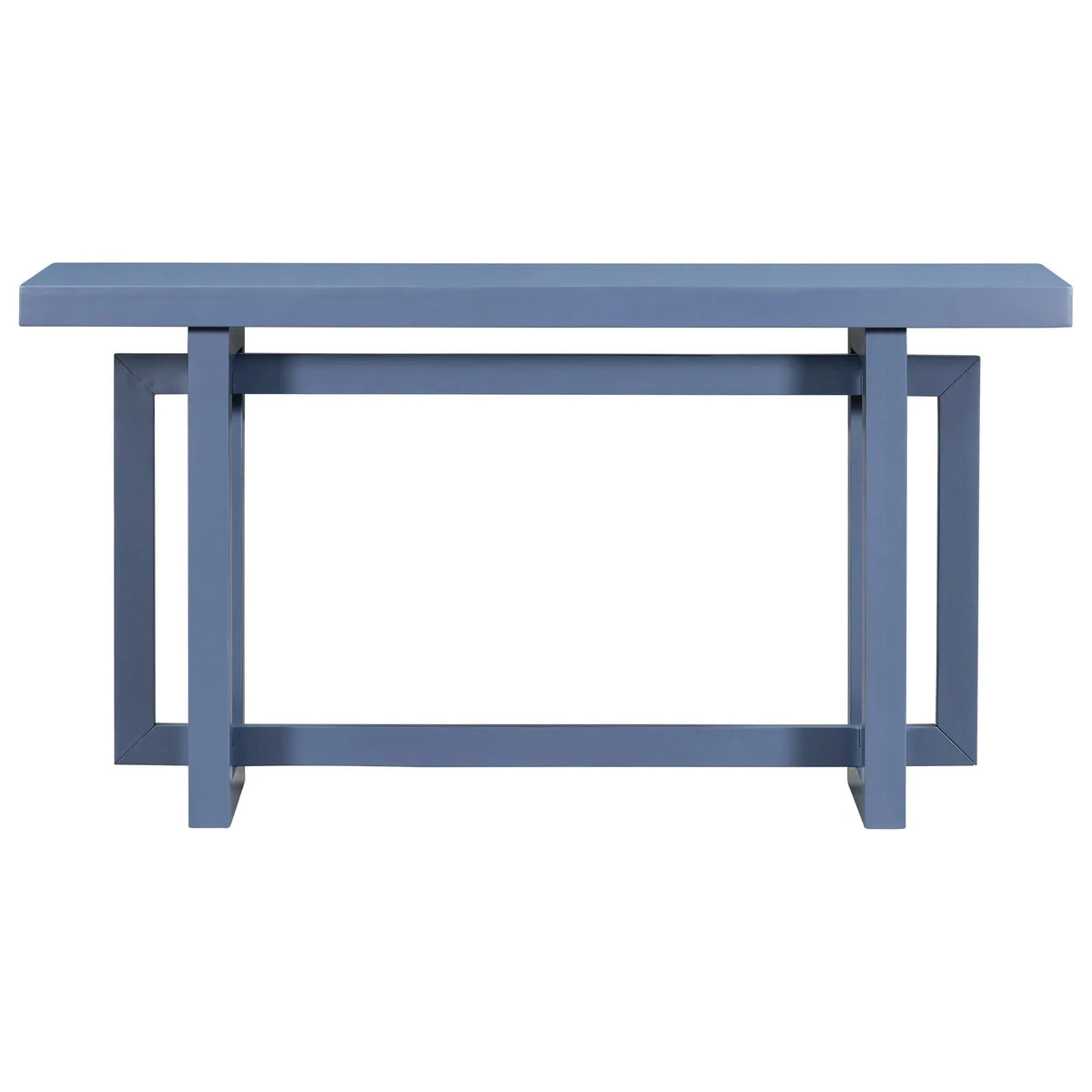 Detailed shot of the table’s clean lines and navy blue painted base.