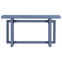 Detailed shot of the table’s clean lines and navy blue painted base.