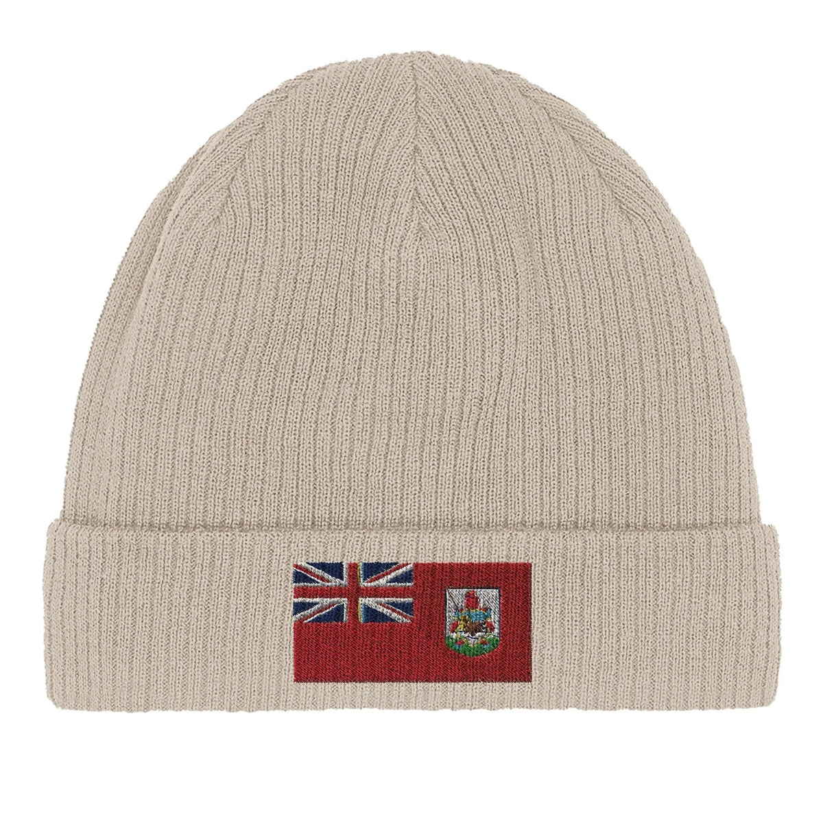 Side view of the green Bermuda flag beanie highlighting fabric material