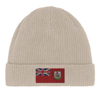 Side view of the green Bermuda flag beanie highlighting fabric material