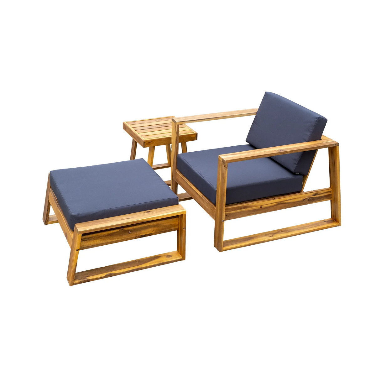 Top view technical drawing showing dimensions of the acacia wood lounge chair and ottoman.