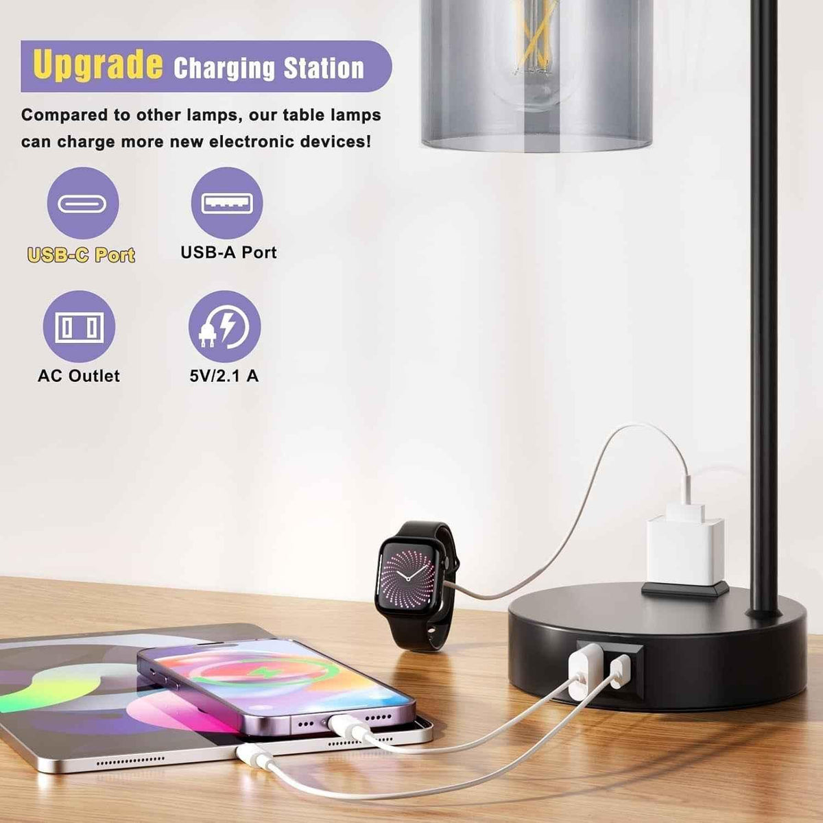 3-Way Dimmable USB Table Lamps With Gray Glass Shade Pair