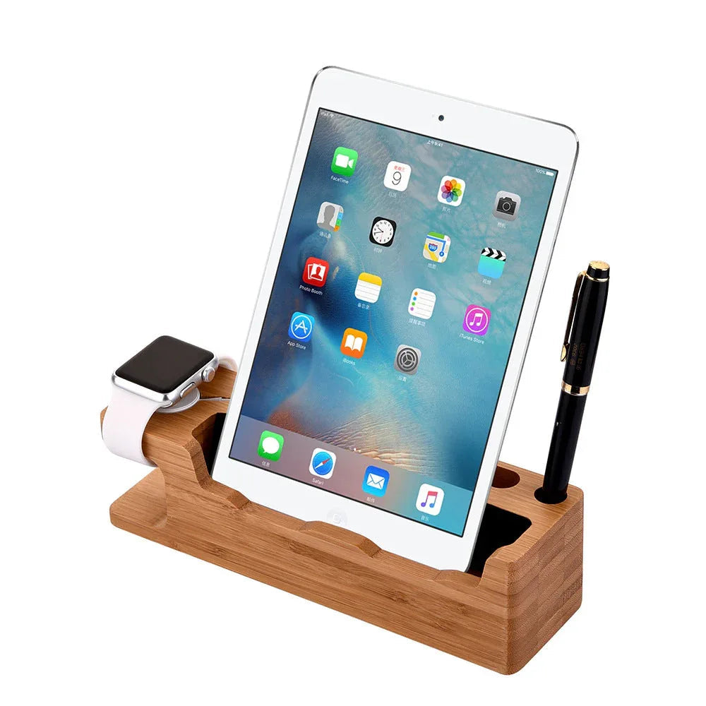 Wooden mobile phone watch holder displaying two smartphones on a bamboo dual phone base.