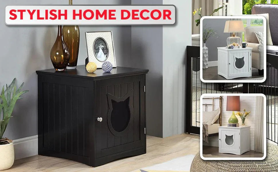 Wooden cat house side table with cat resting inside, highlighting cozy interior space.