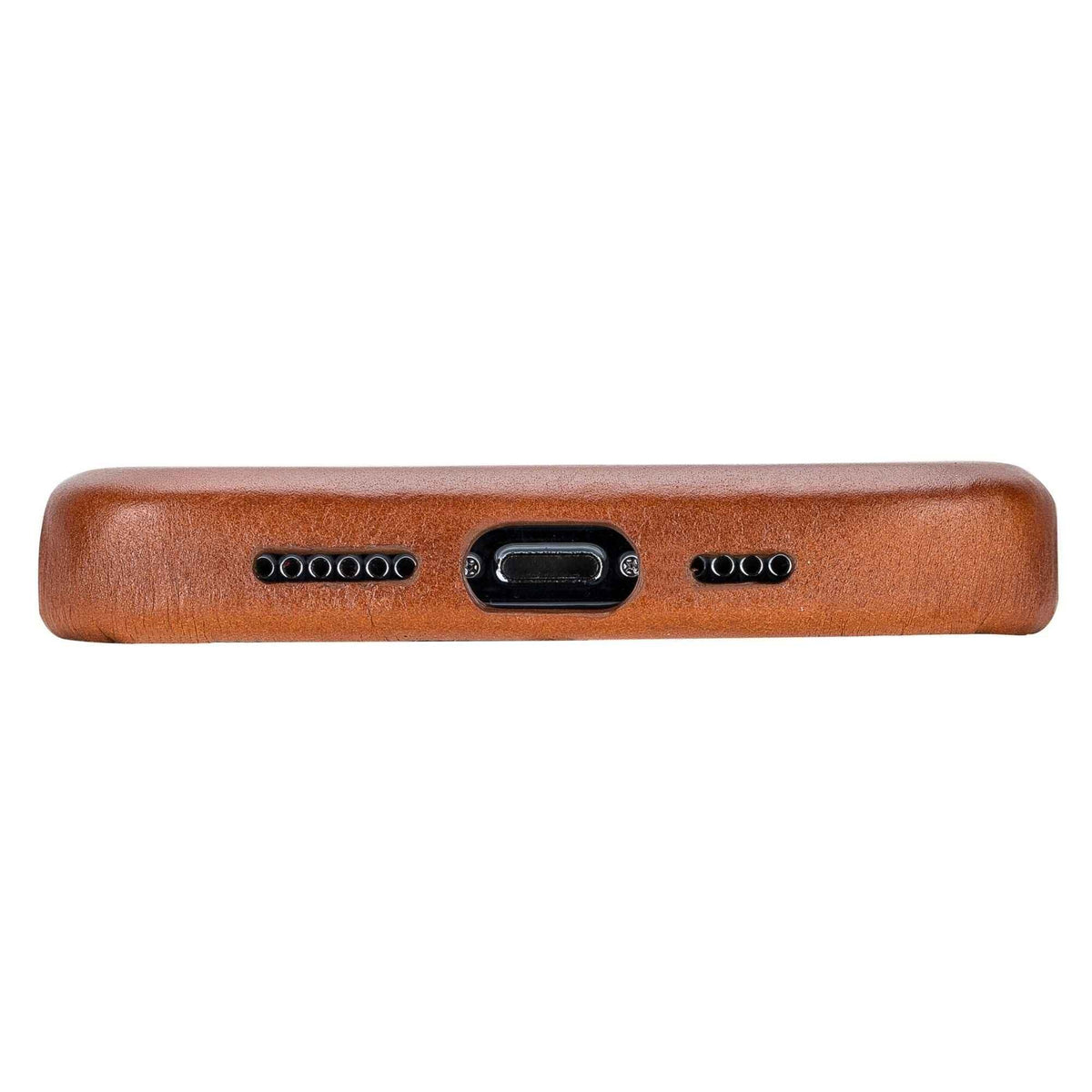 iPhone 12 in brown leather snap-on case viewed from side, showing slim profile and raised edges